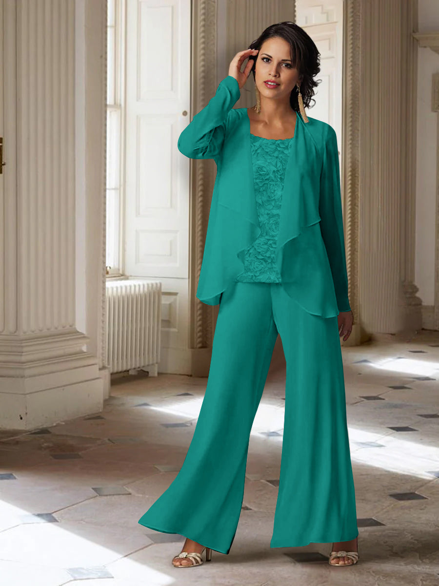 Long-Sleeve Chiffon Pantsuit with Jacket for the Mother of the Bride
