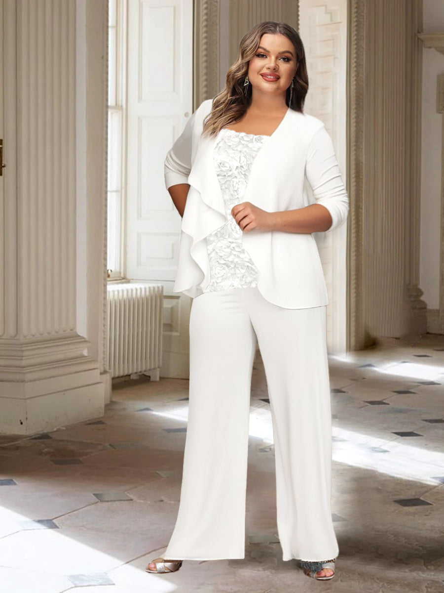Plus Size Mother Of The Bride Chiffon Pantsuit With Long Sleeves And Jacket