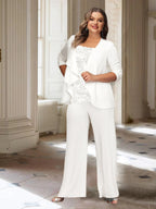 Plus Size Mother Of The Bride Chiffon Pantsuit With Long Sleeves And Jacket
