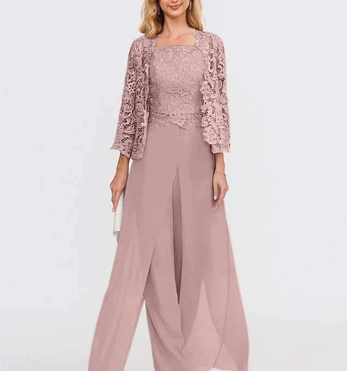 Floor-Length Square Neck Chiffon Mother of the Bride Pantsuit with Jacket & Side Split