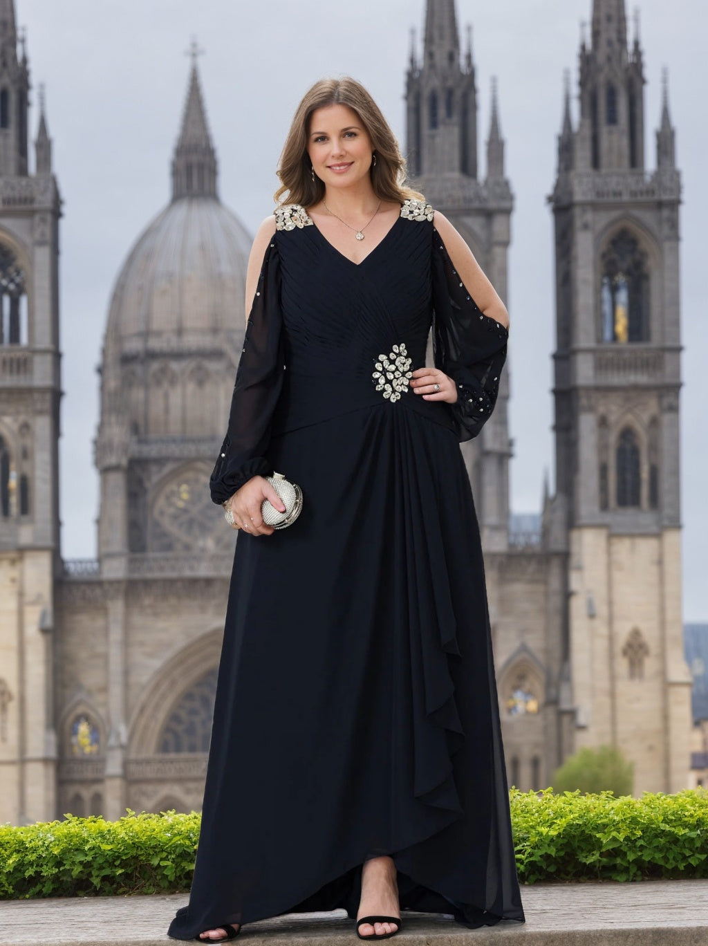V Neck A Line Princess Gown For Mother Of The Bride With Rhinestones