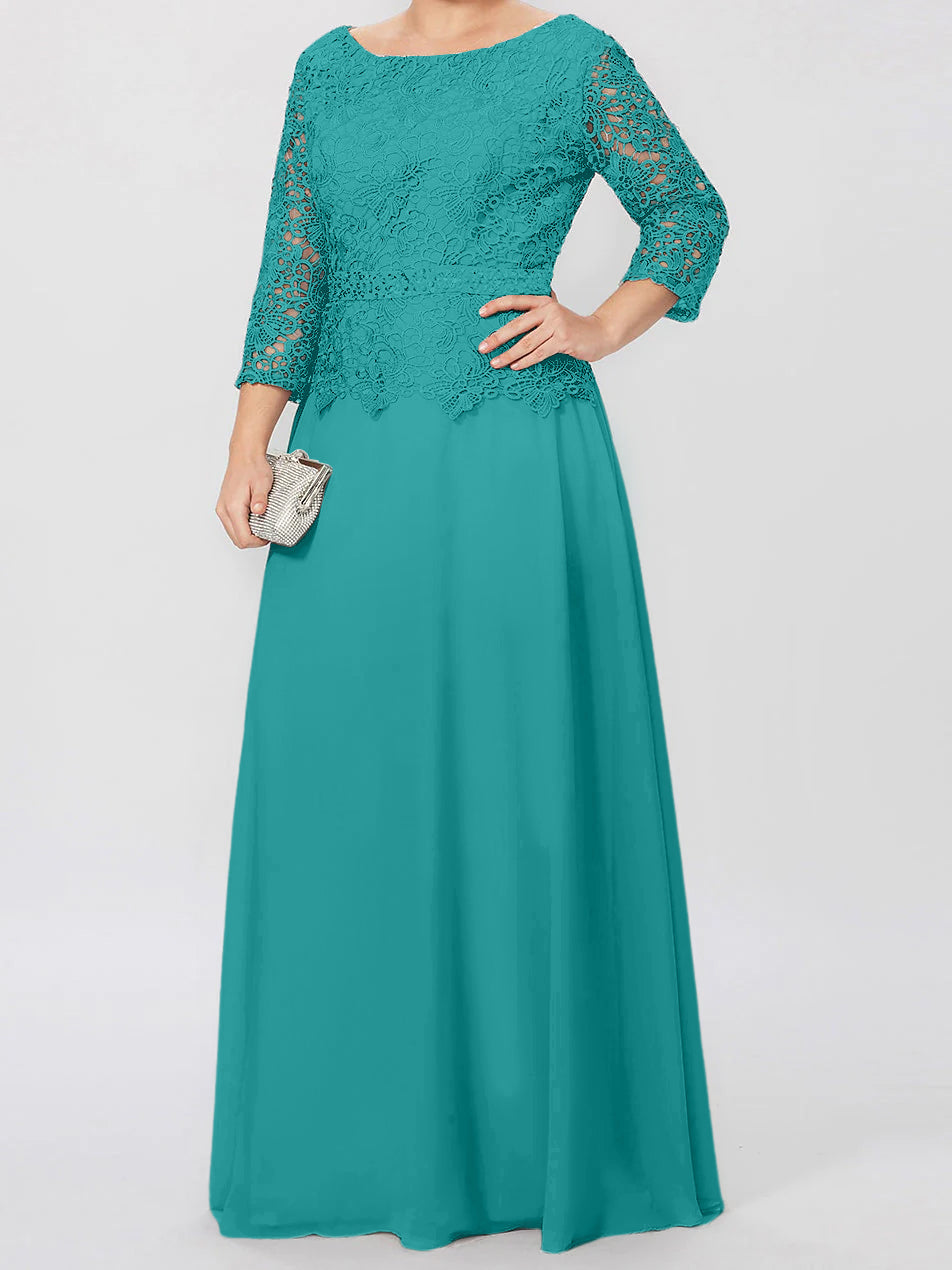 Floor Length A Line Gown Round Neck Three Quarter Sleeves Applique Sequins