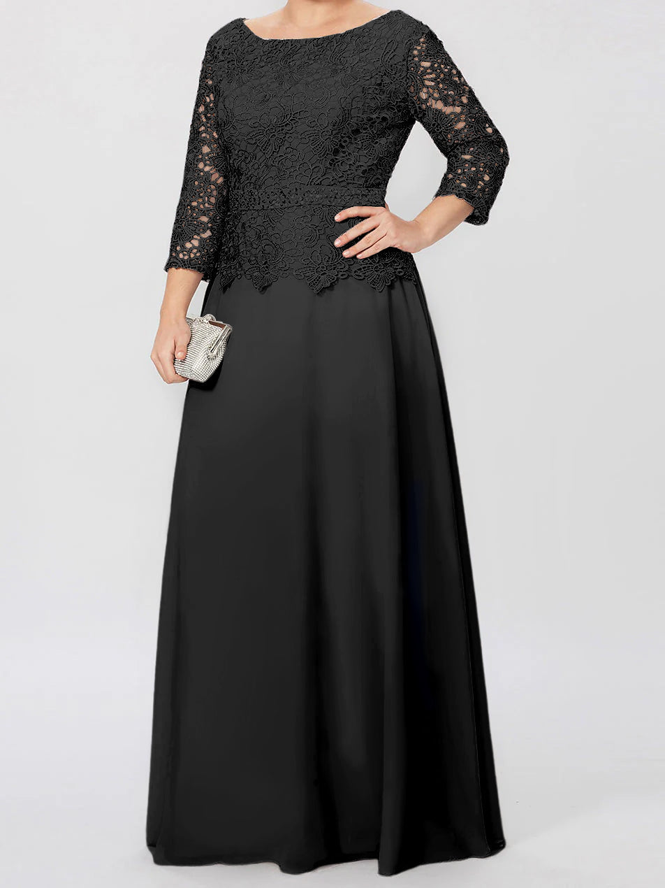 Floor Length A Line Gown Round Neck Three Quarter Sleeves Applique Sequins