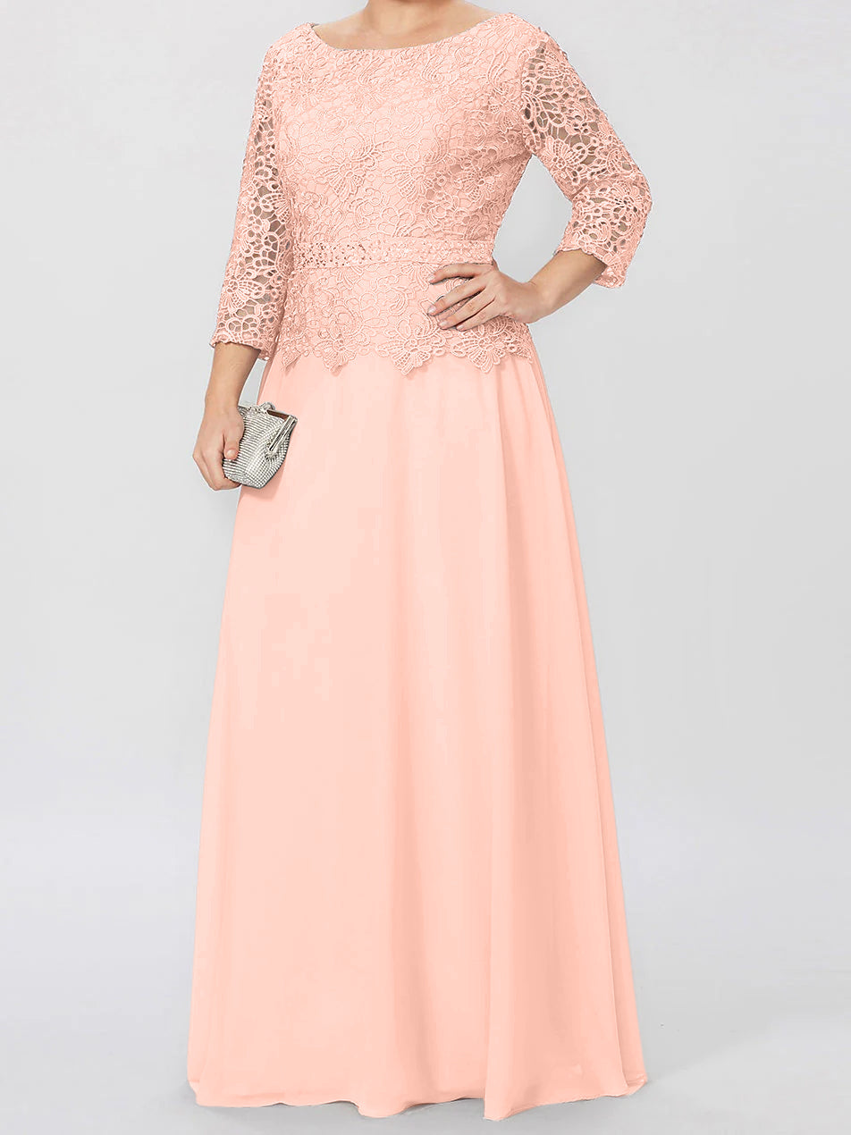 Floor Length A Line Gown Round Neck Three Quarter Sleeves Applique Sequins