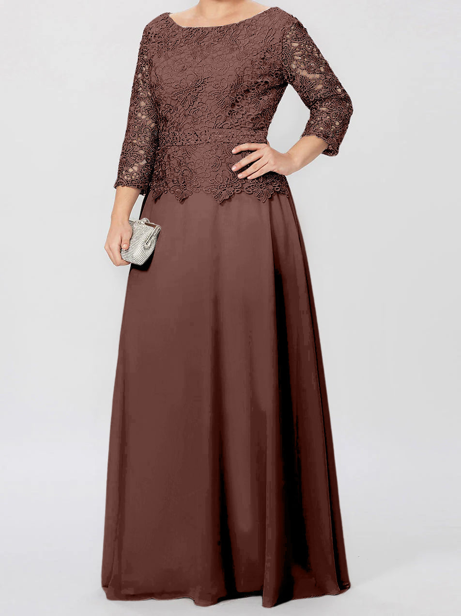 Floor Length A Line Gown Round Neck Three Quarter Sleeves Applique Sequins