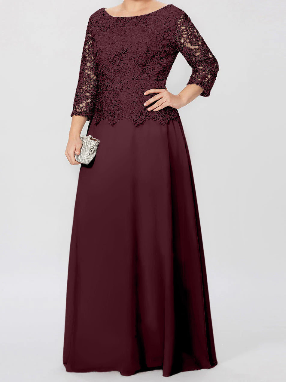 Floor Length A Line Gown Round Neck Three Quarter Sleeves Applique Sequins
