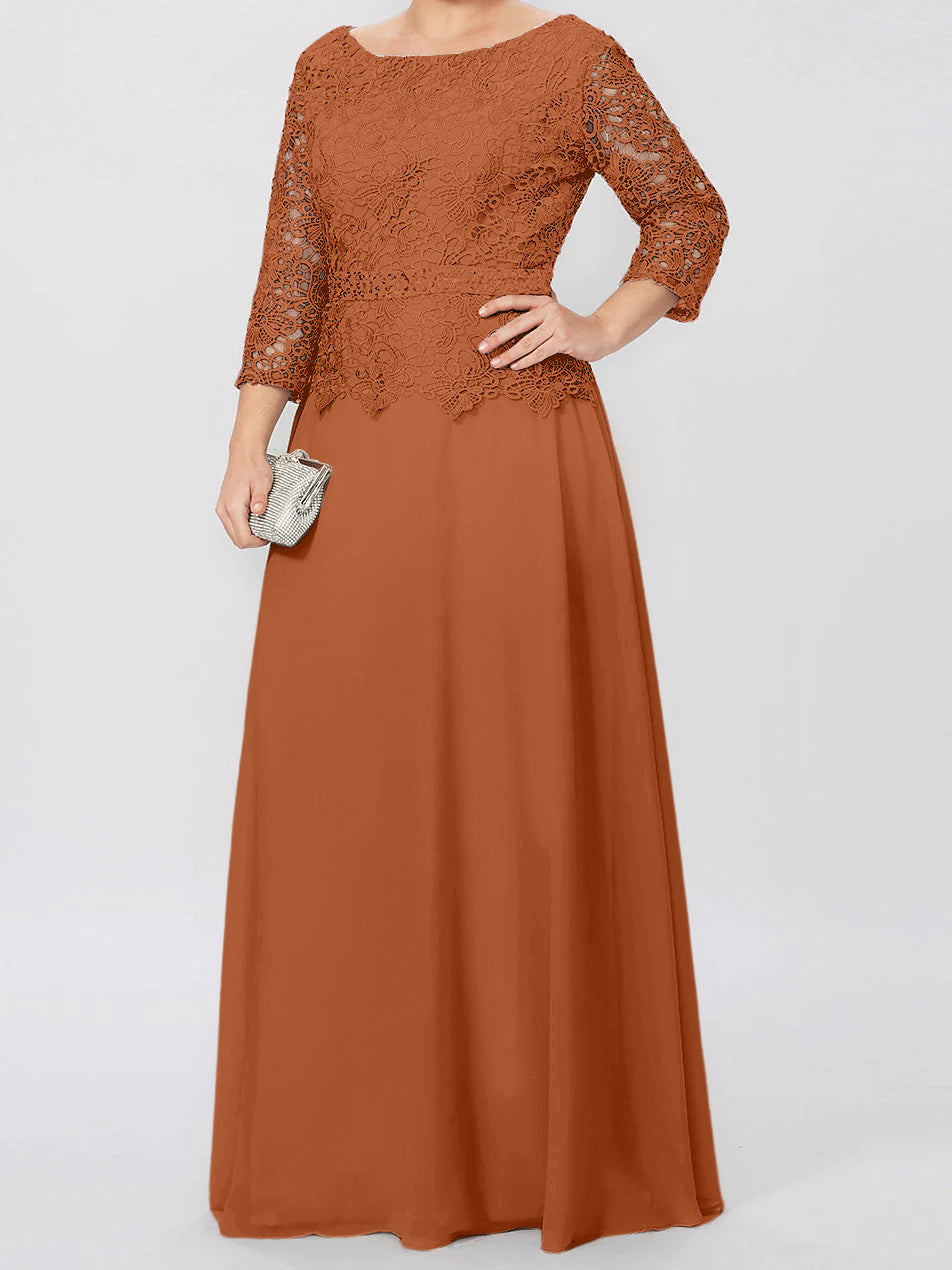 Floor Length A Line Gown Round Neck Three Quarter Sleeves Applique Sequins