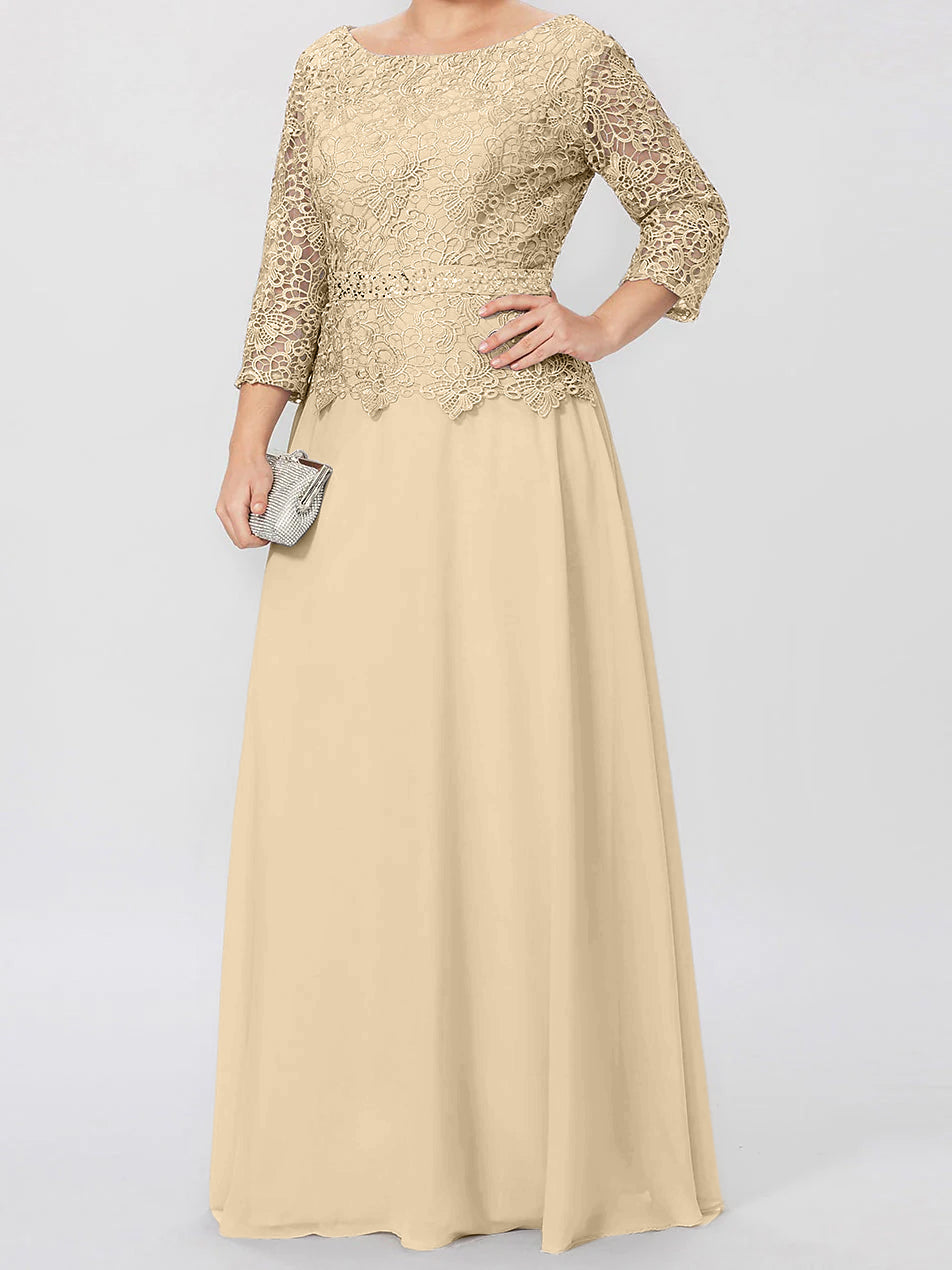 Floor Length A Line Gown Round Neck Three Quarter Sleeves Applique Sequins