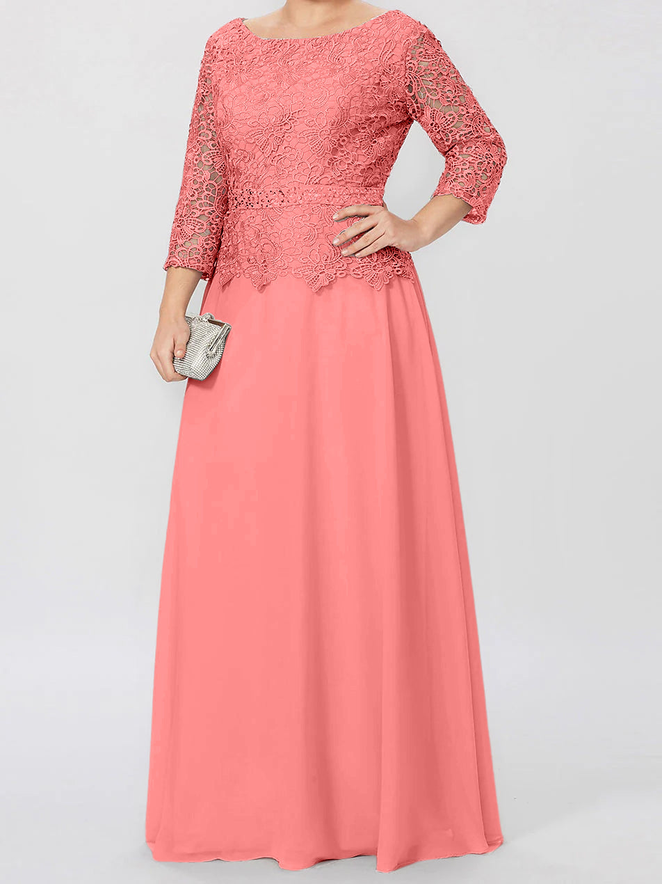Floor Length A Line Gown Round Neck Three Quarter Sleeves Applique Sequins