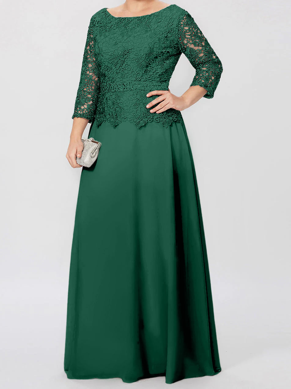 Floor Length A Line Gown Round Neck Three Quarter Sleeves Applique Sequins