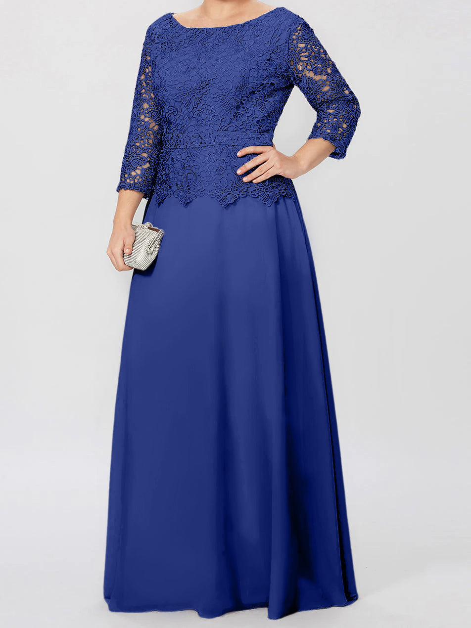 Floor Length A Line Gown Round Neck Three Quarter Sleeves Applique Sequins