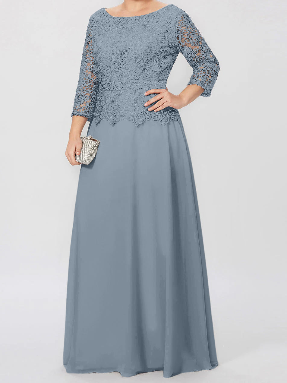 Floor Length A Line Gown Round Neck Three Quarter Sleeves Applique Sequins