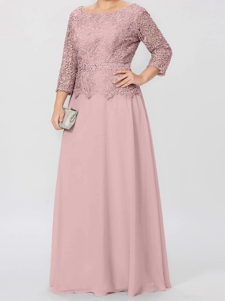 Floor Length A Line Gown Round Neck Three Quarter Sleeves Applique Sequins
