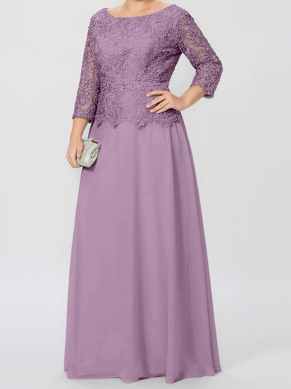 Floor Length A Line Gown Round Neck Three Quarter Sleeves Applique Sequins