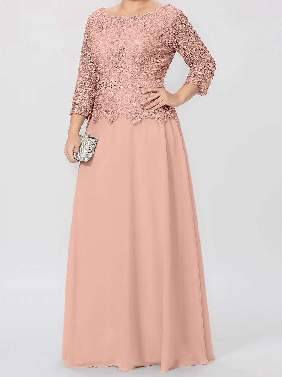 Floor Length A Line Gown Round Neck Three Quarter Sleeves Applique Sequins