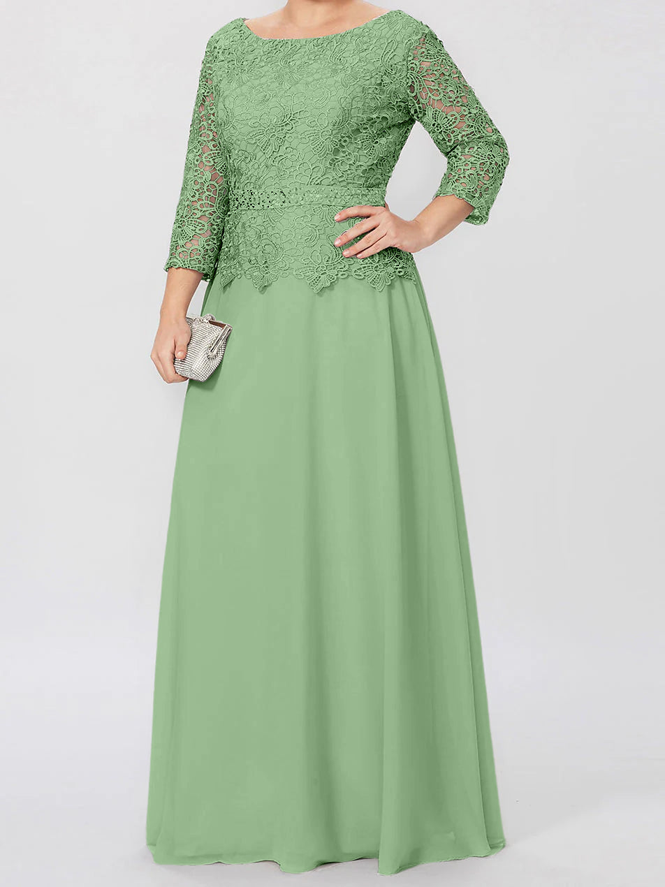 Floor Length A Line Gown Round Neck Three Quarter Sleeves Applique Sequins