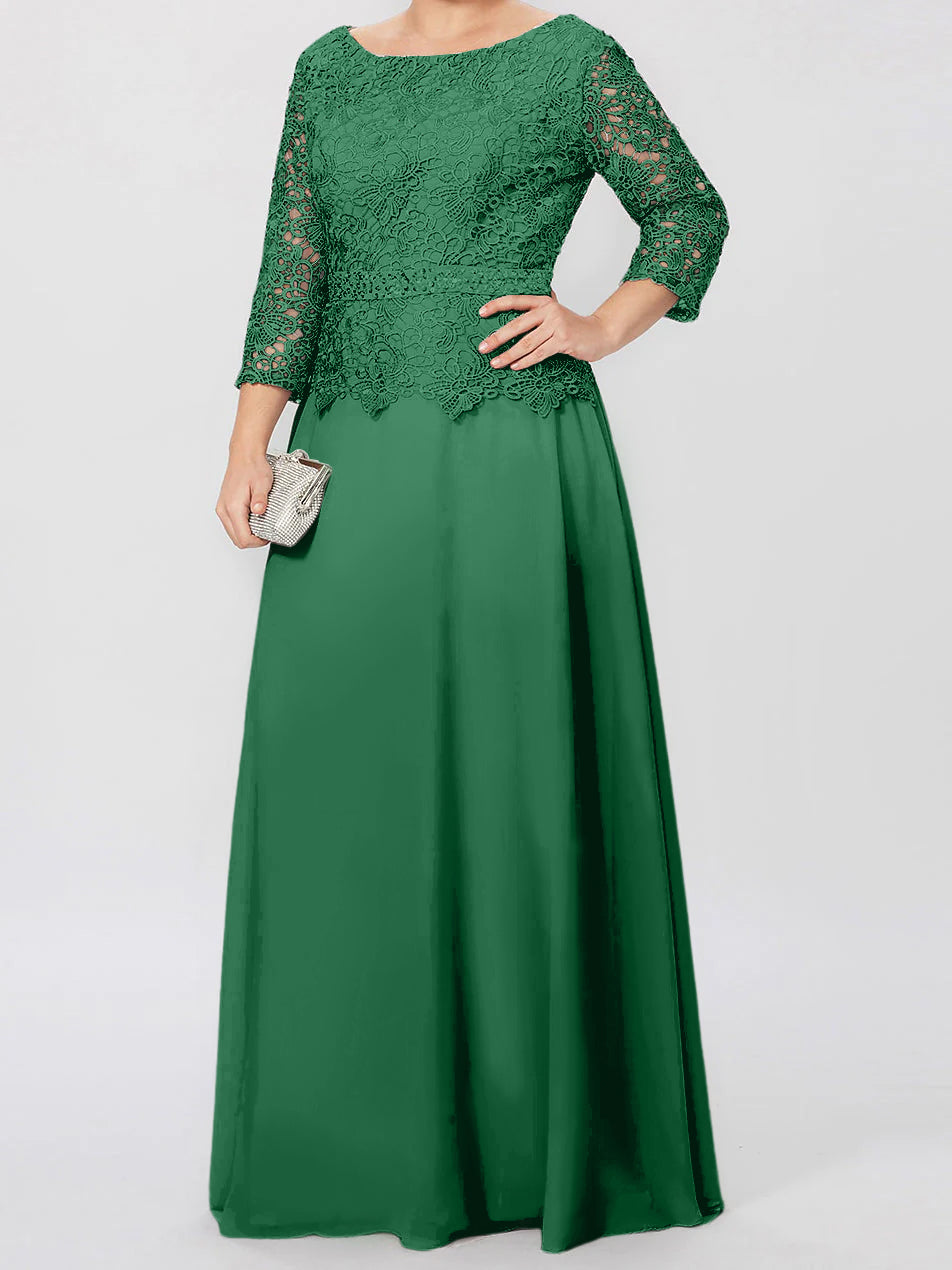 Floor Length A Line Gown Round Neck Three Quarter Sleeves Applique Sequins