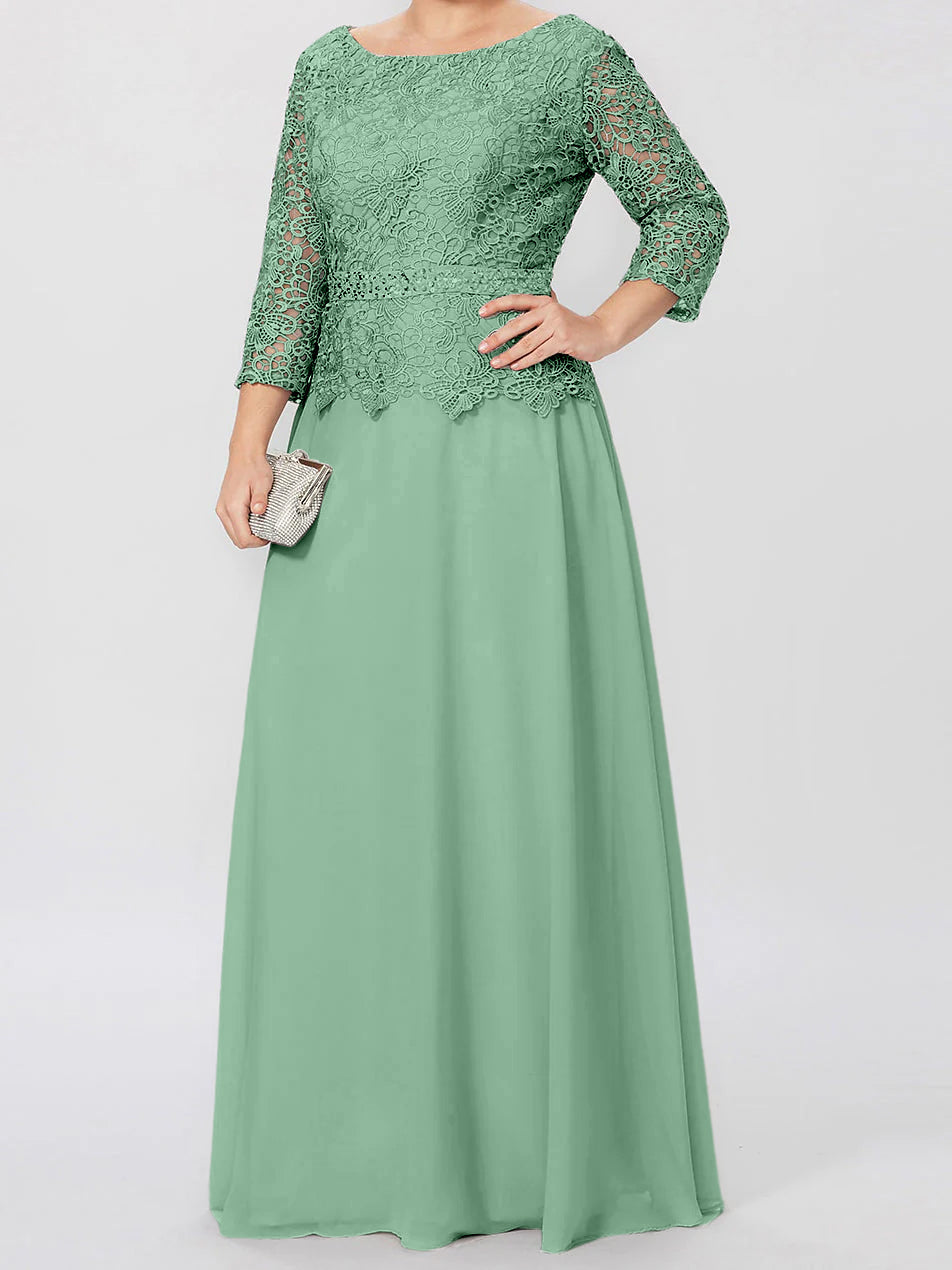 Floor Length A Line Gown Round Neck Three Quarter Sleeves Applique Sequins