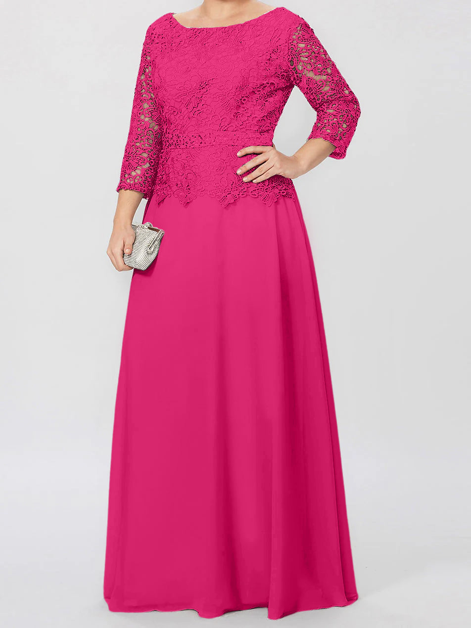 Floor Length A Line Gown Round Neck Three Quarter Sleeves Applique Sequins