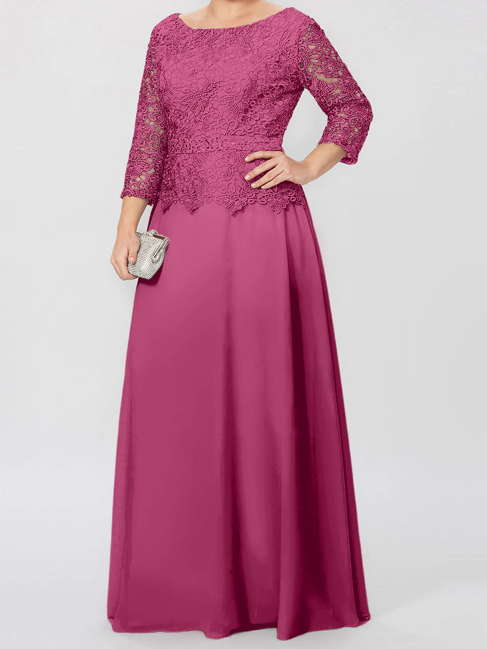 Floor Length A Line Gown Round Neck Three Quarter Sleeves Applique Sequins