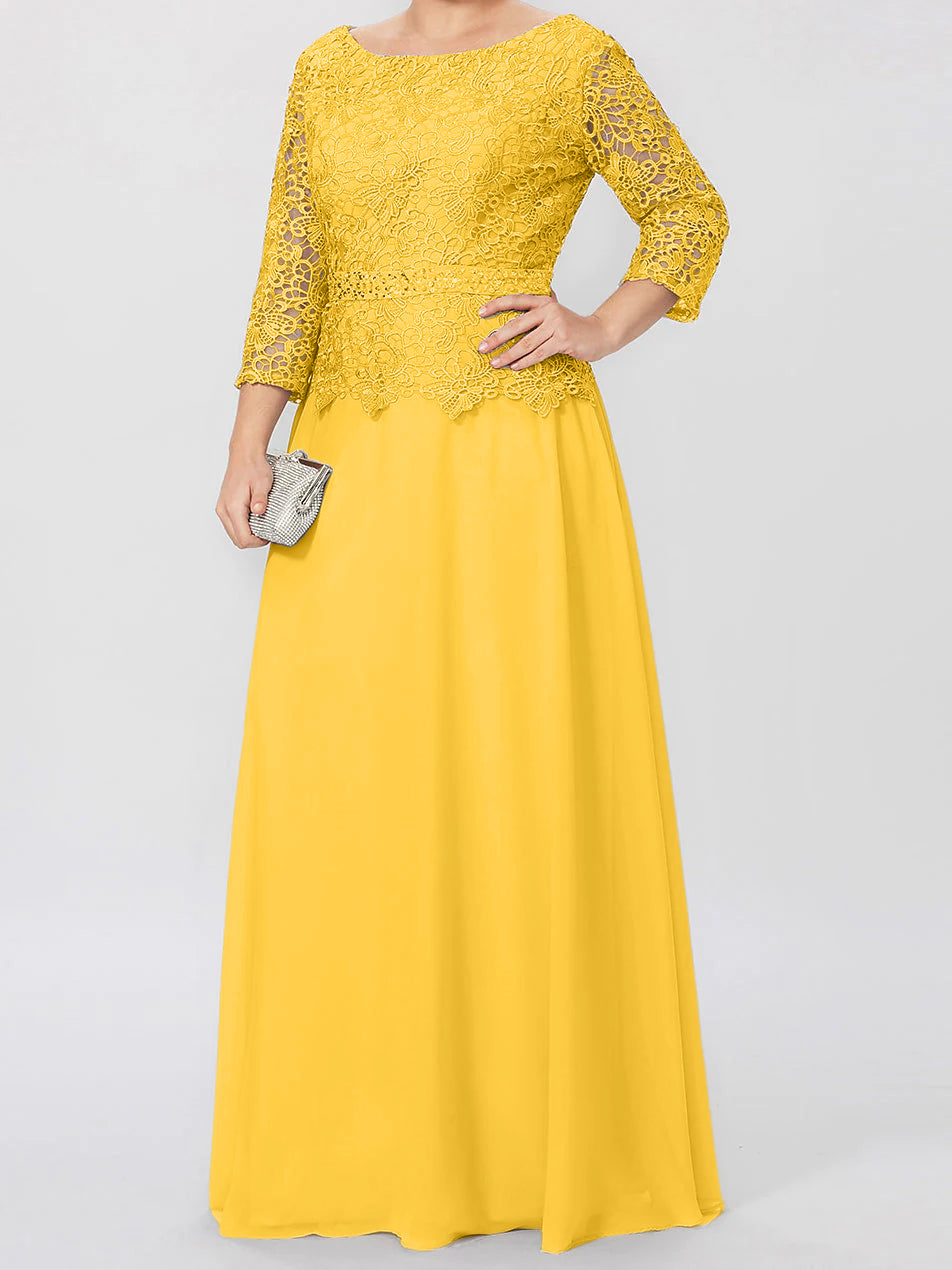 Floor Length A Line Gown Round Neck Three Quarter Sleeves Applique Sequins