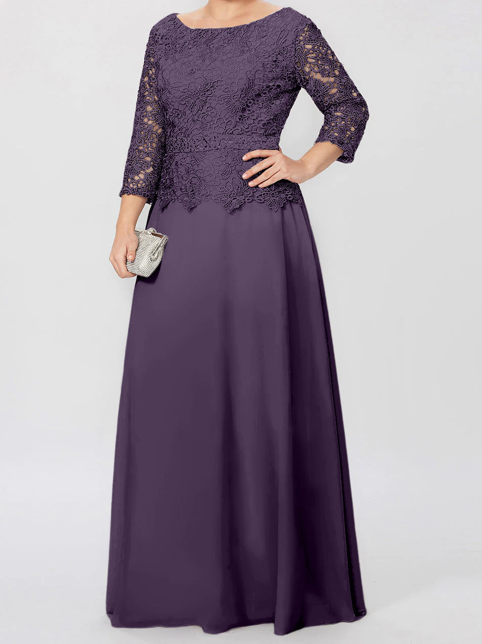 Floor Length A Line Gown Round Neck Three Quarter Sleeves Applique Sequins