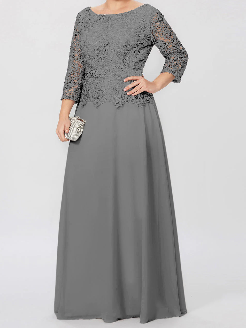 Floor Length A Line Gown Round Neck Three Quarter Sleeves Applique Sequins