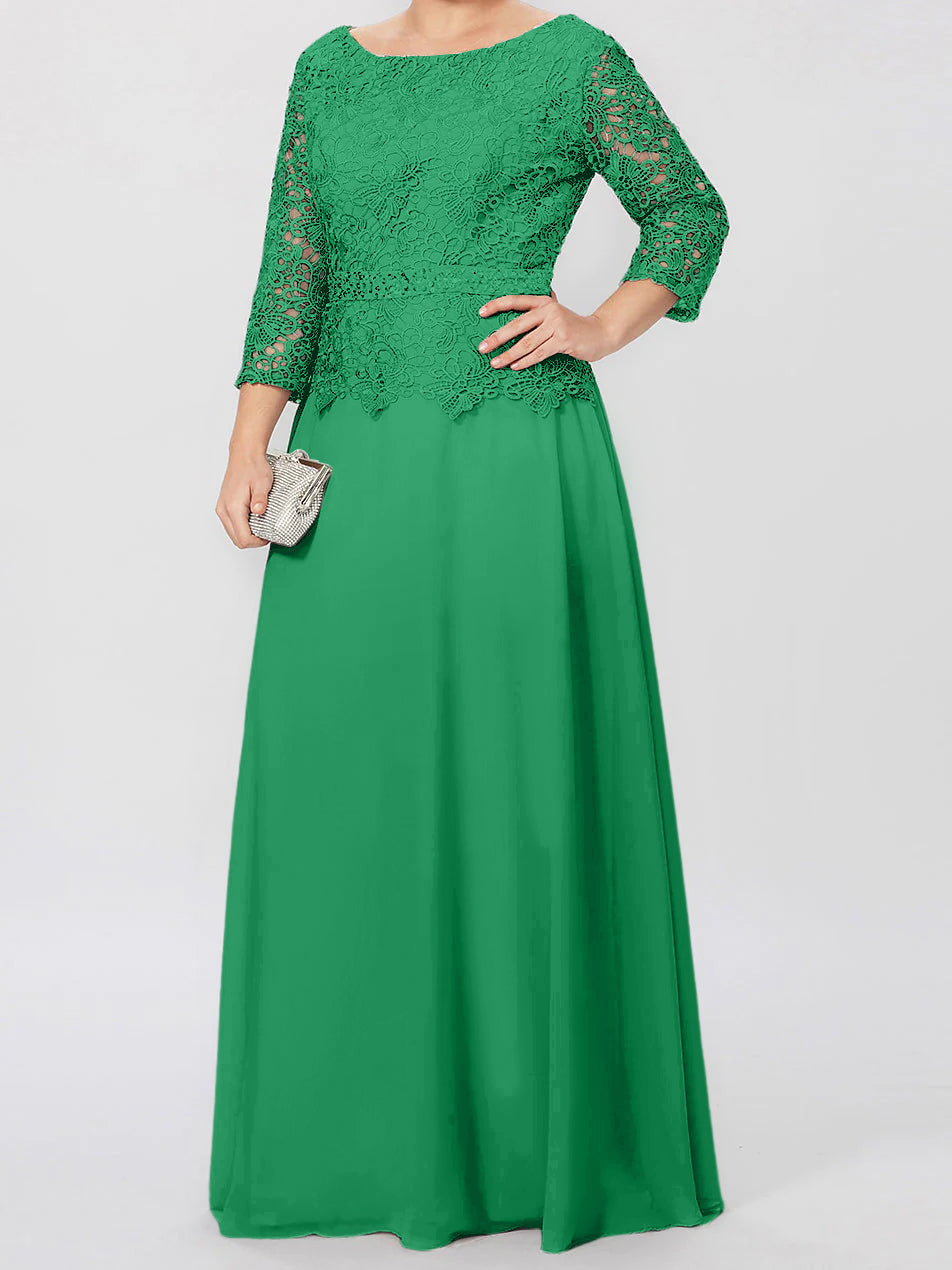 Floor Length A Line Gown Round Neck Three Quarter Sleeves Applique Sequins