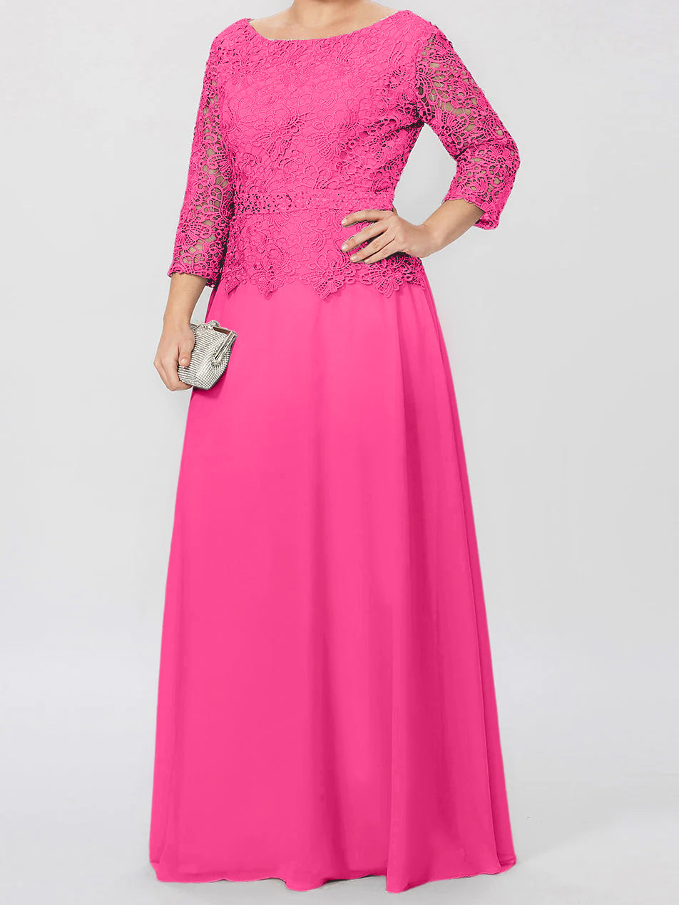 Floor Length A Line Gown Round Neck Three Quarter Sleeves Applique Sequins