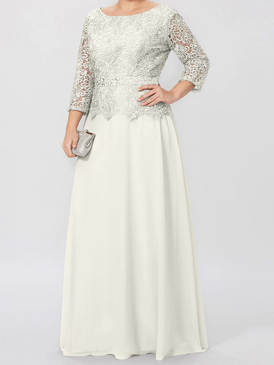 Floor Length A Line Gown Round Neck Three Quarter Sleeves Applique Sequins