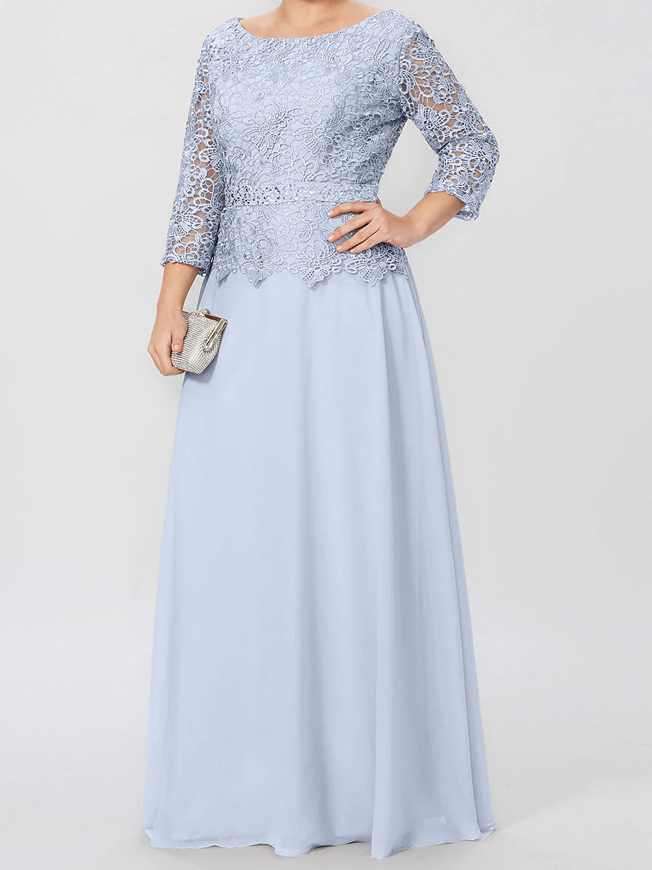 Floor Length A Line Gown Round Neck Three Quarter Sleeves Applique Sequins