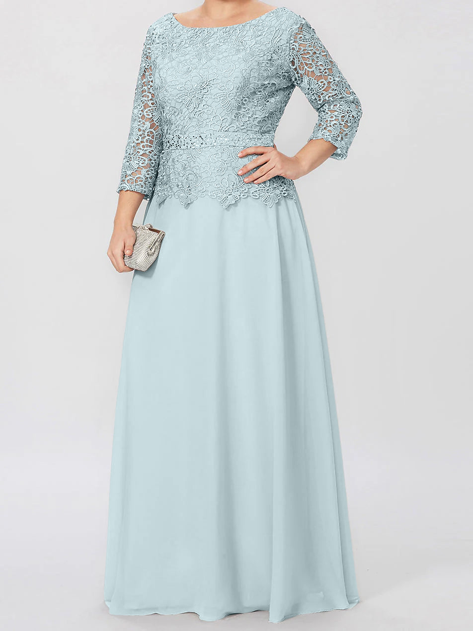 Floor Length A Line Gown Round Neck Three Quarter Sleeves Applique Sequins