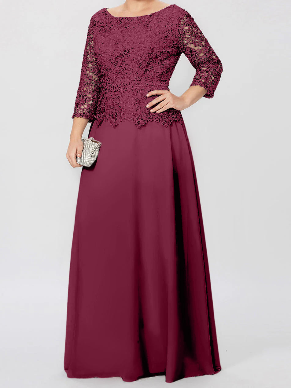 Floor Length A Line Gown Round Neck Three Quarter Sleeves Applique Sequins