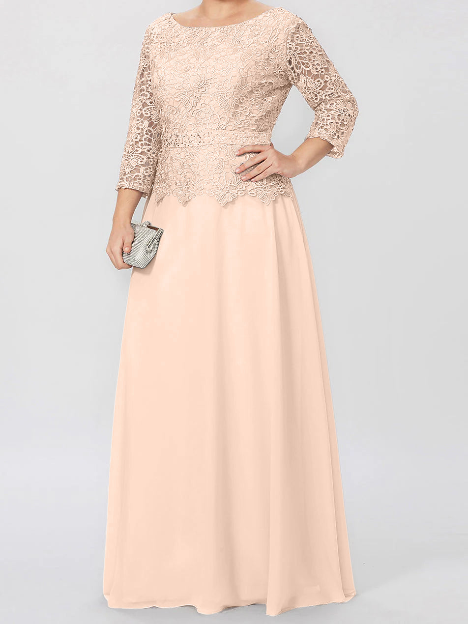 Floor Length A Line Gown Round Neck Three Quarter Sleeves Applique Sequins