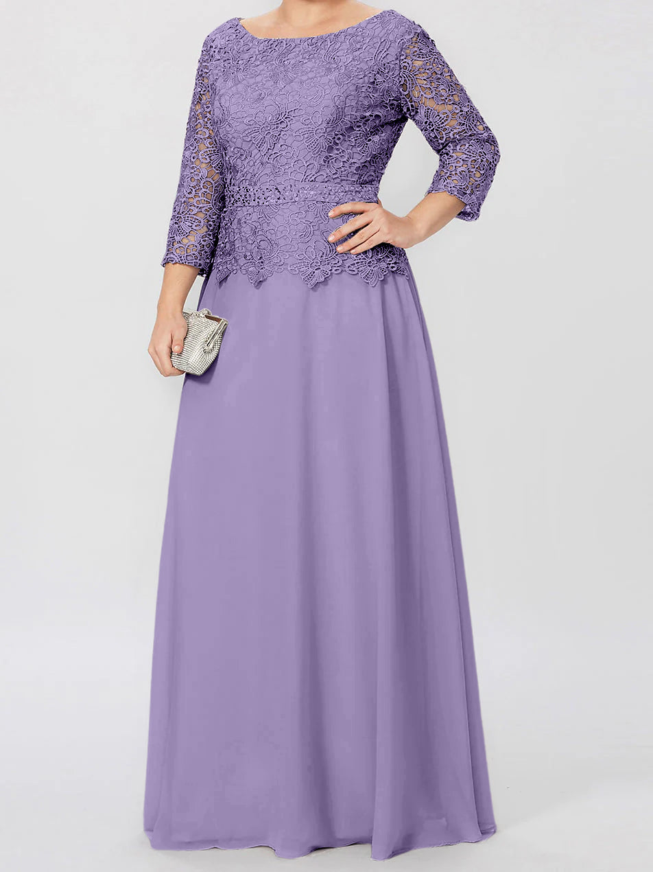 Floor Length A Line Gown Round Neck Three Quarter Sleeves Applique Sequins