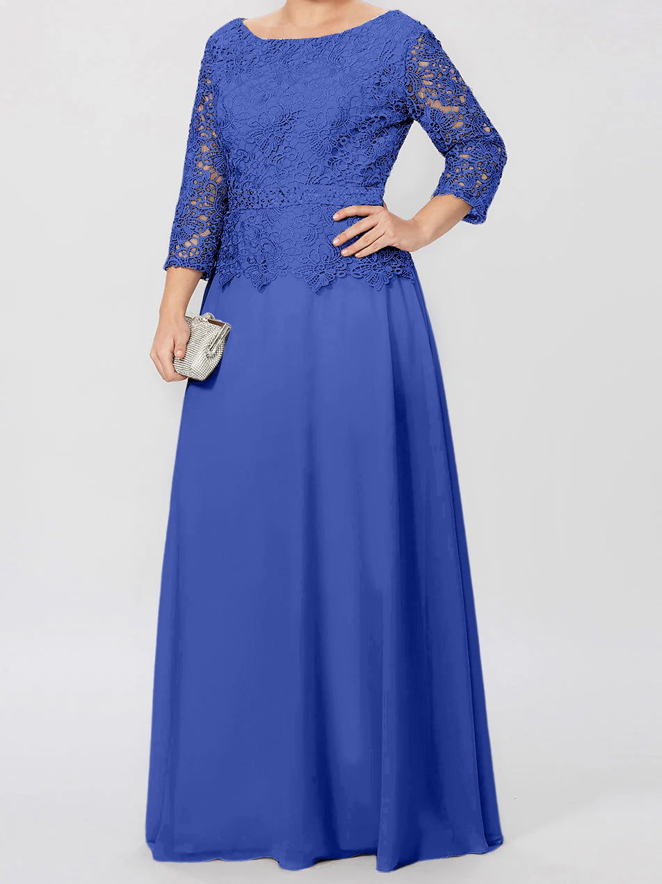 Floor Length A Line Gown Round Neck Three Quarter Sleeves Applique Sequins