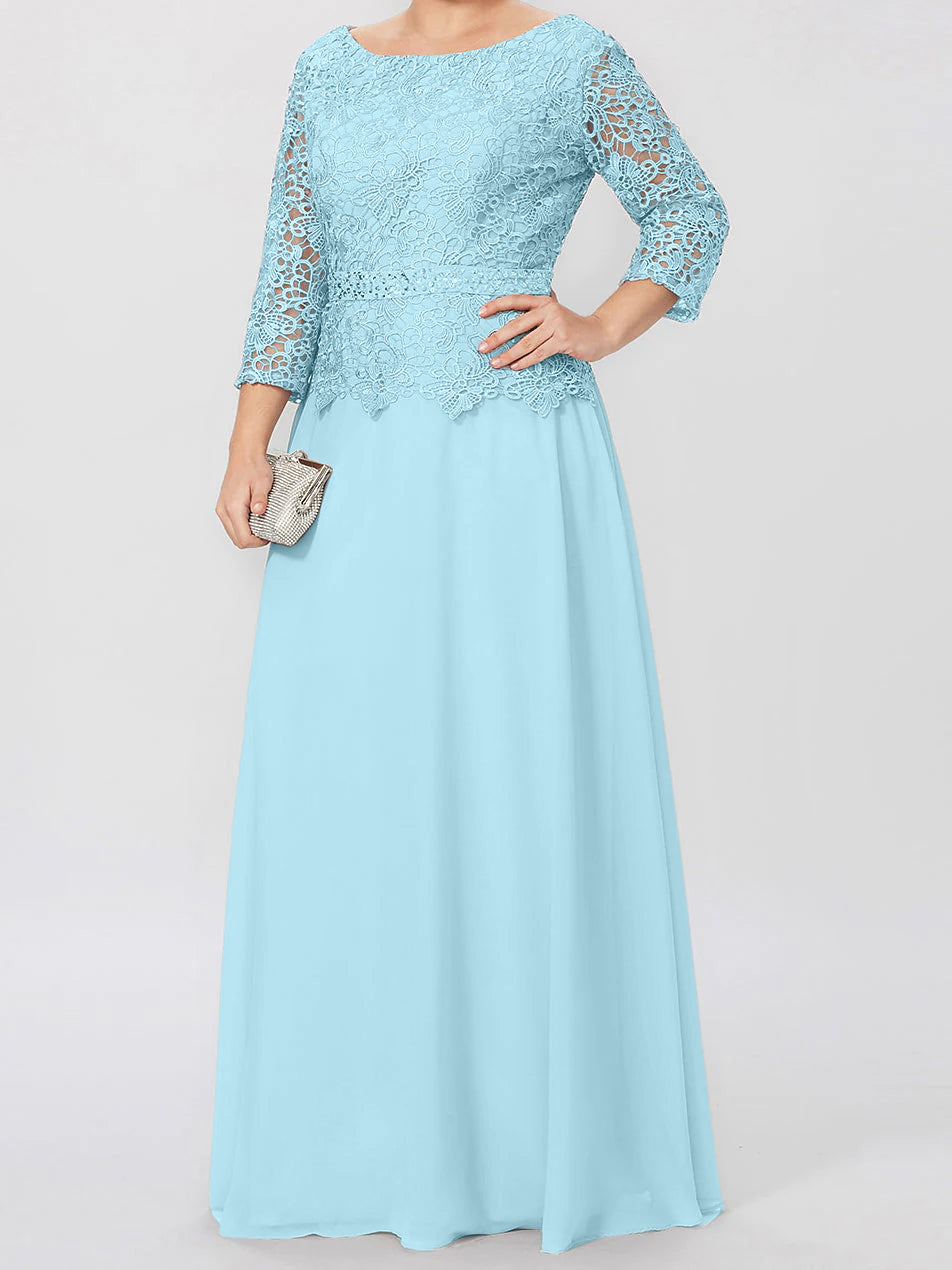 Floor Length A Line Gown Round Neck Three Quarter Sleeves Applique Sequins