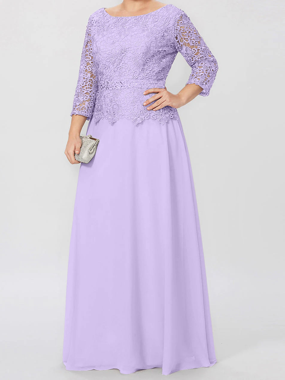 Floor Length A Line Gown Round Neck Three Quarter Sleeves Applique Sequins