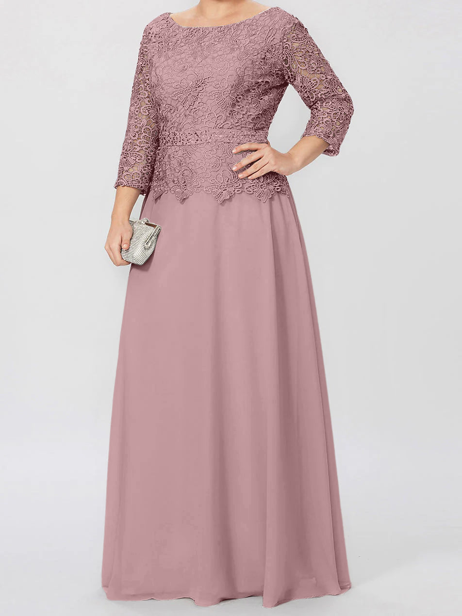 Floor Length A Line Gown Round Neck Three Quarter Sleeves Applique Sequins