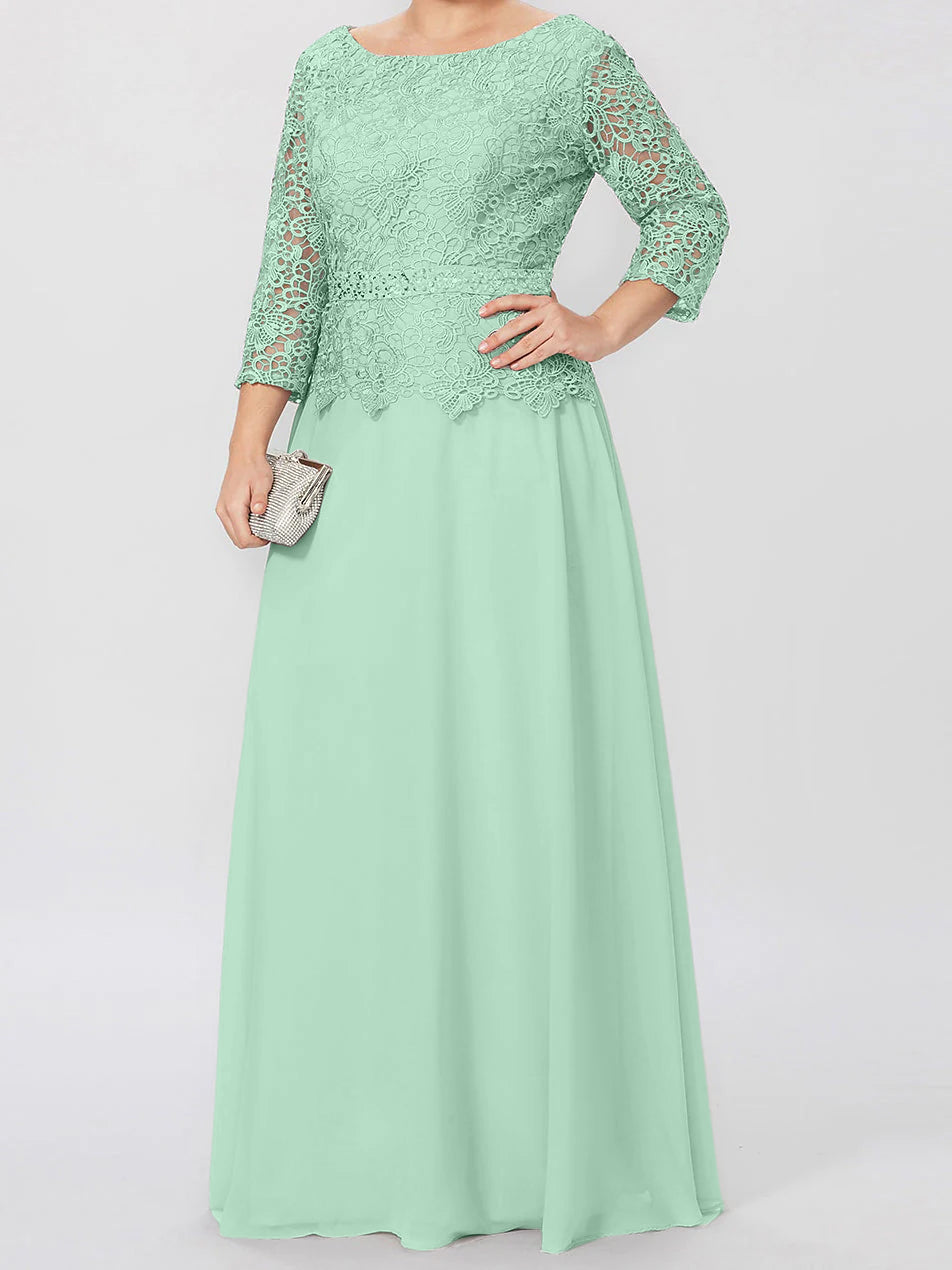 Floor Length A Line Gown Round Neck Three Quarter Sleeves Applique Sequins