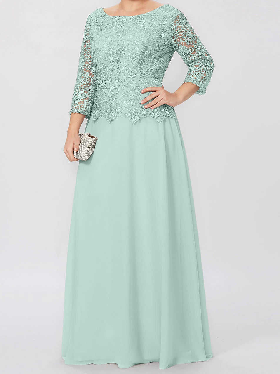 Floor Length A Line Gown Round Neck Three Quarter Sleeves Applique Sequins