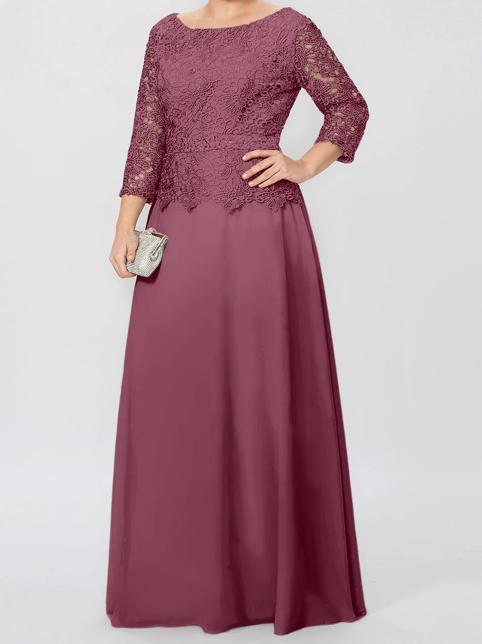Floor Length A Line Gown Round Neck Three Quarter Sleeves Applique Sequins