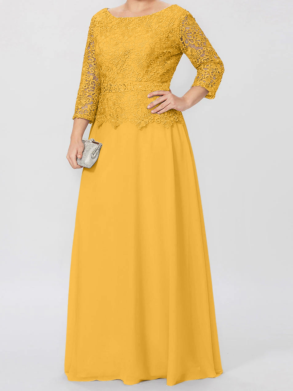 Floor Length A Line Gown Round Neck Three Quarter Sleeves Applique Sequins
