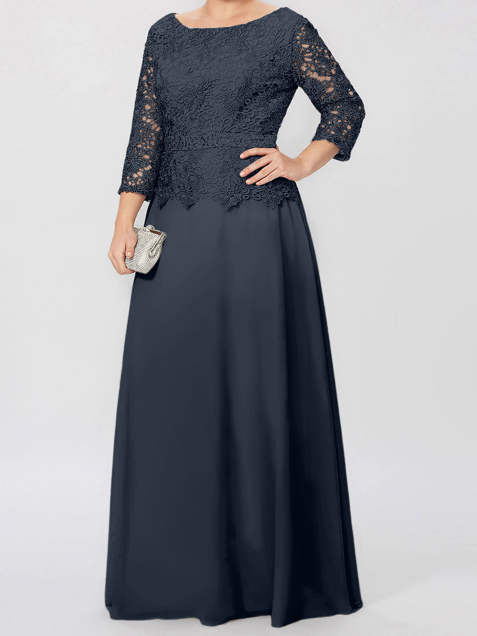 Floor Length A Line Gown Round Neck Three Quarter Sleeves Applique Sequins
