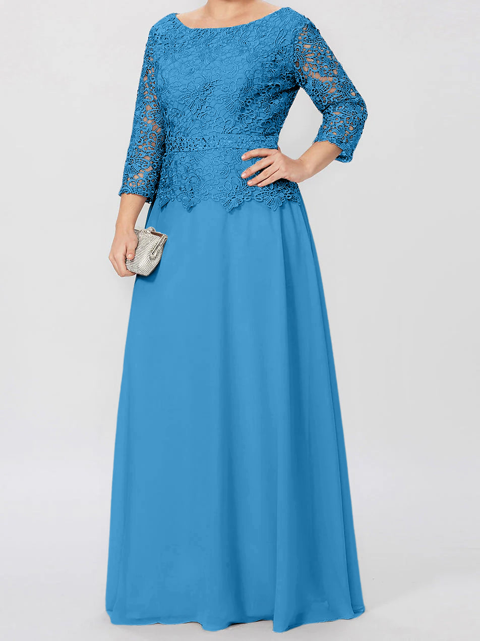 Floor Length A Line Gown Round Neck Three Quarter Sleeves Applique Sequins