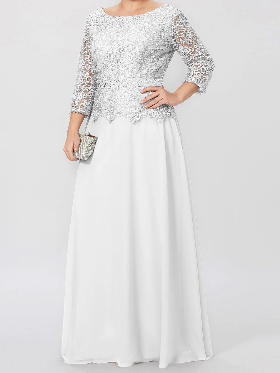 Floor Length A Line Gown Round Neck Three Quarter Sleeves Applique Sequins