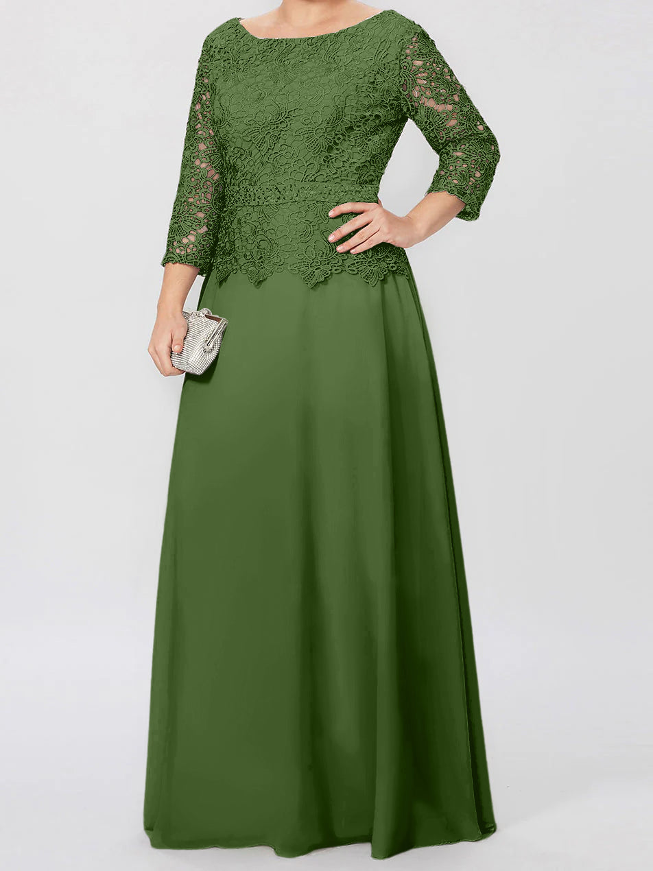 Floor Length A Line Gown Round Neck Three Quarter Sleeves Applique Sequins