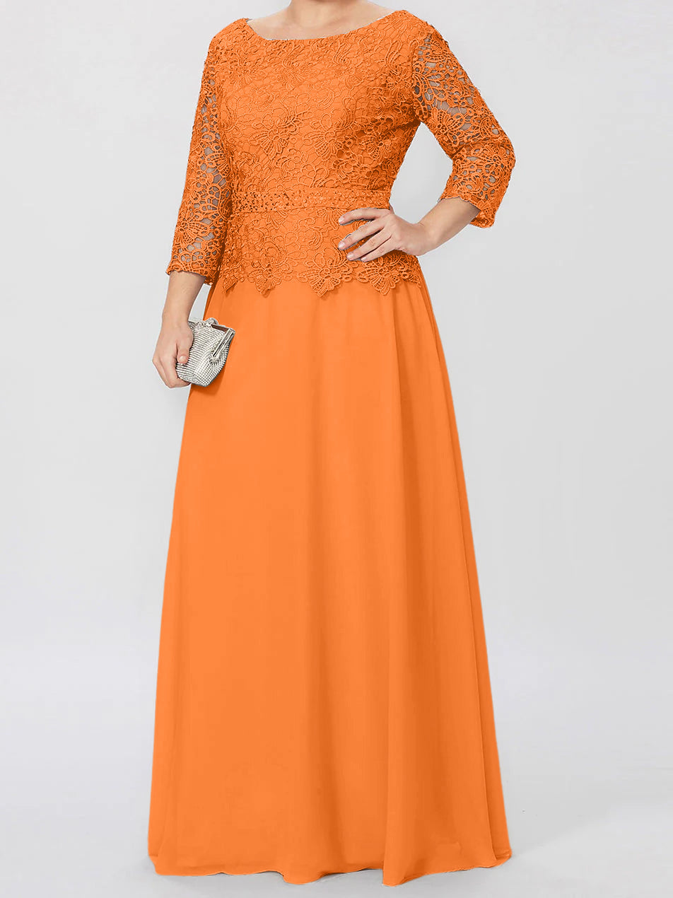 Floor Length A Line Gown Round Neck Three Quarter Sleeves Applique Sequins