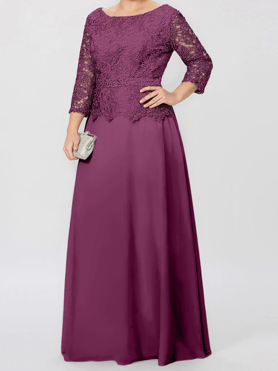 Floor Length A Line Gown Round Neck Three Quarter Sleeves Applique Sequins