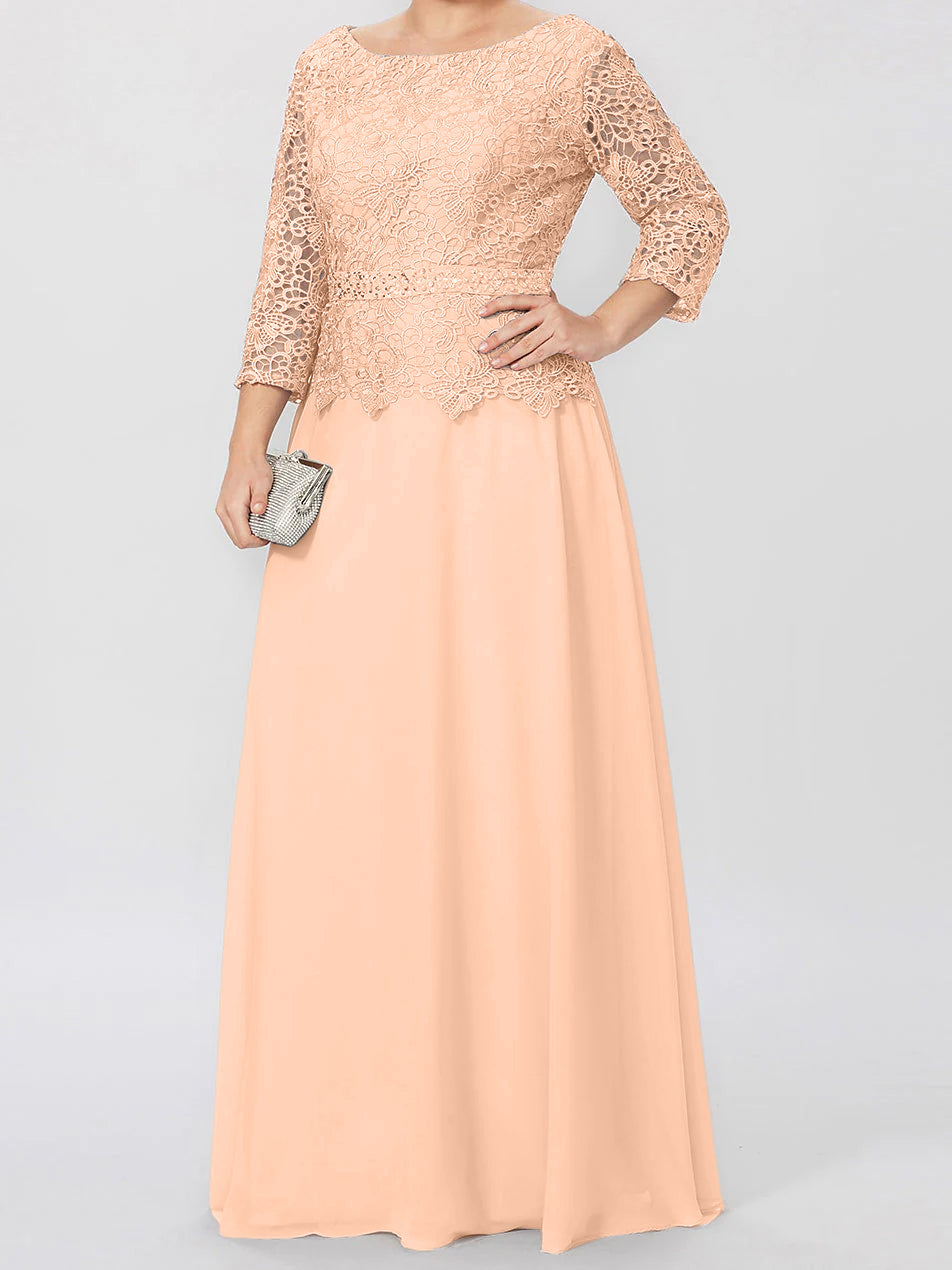 Floor Length A Line Gown Round Neck Three Quarter Sleeves Applique Sequins